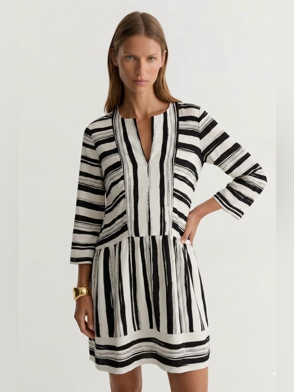 BCBGMaxAzria Black & White Striped Tunic Shift Dress Size Large Business Casual